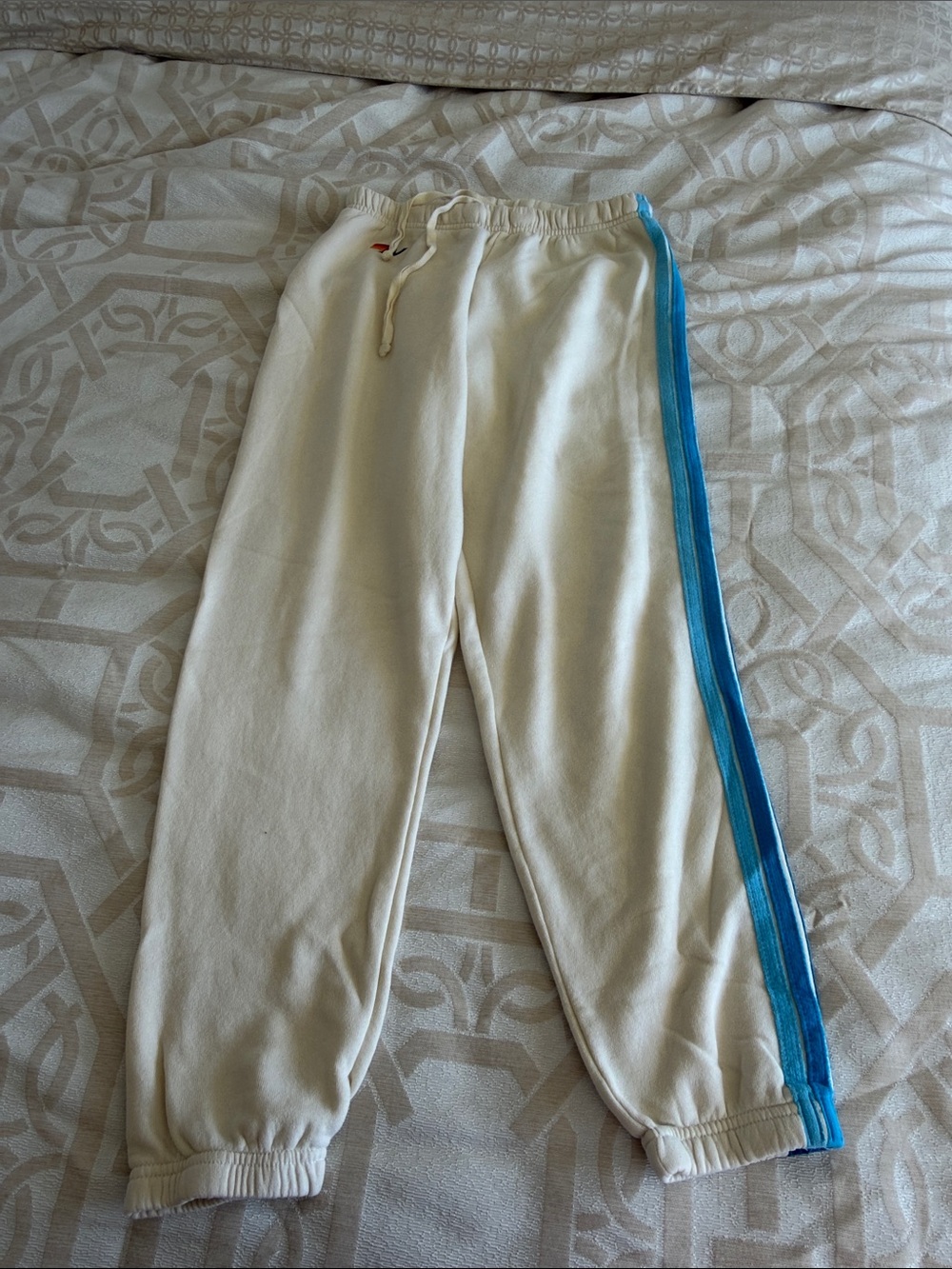 Aviator Nation Cream Sweatpants with Blue Side Stripe